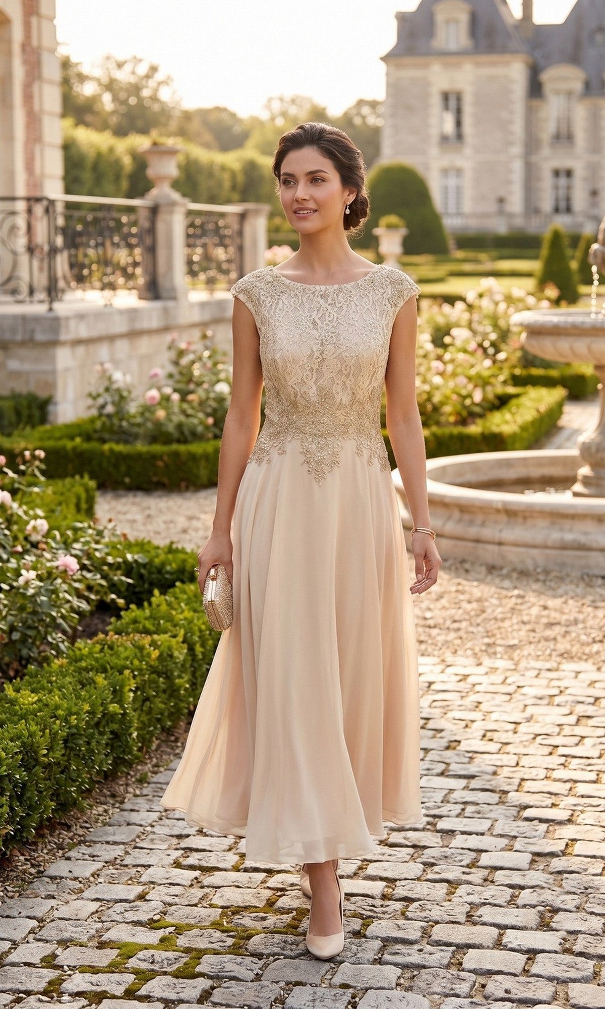 A woman wearing the Chicas C7542, a champagne-colored, ankle-length formal dress, and heels holds a clutch as she walks along a stone path in a formal garden with manicured hedges and a large building in the background.